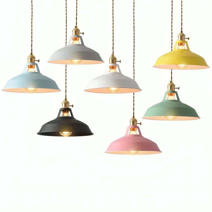 Industriell mässingshängande lampa med blå skärm