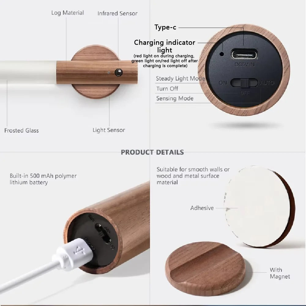 Uppladdningsbar LED-vägglampa – USB-magnetisk rörelsesensorlampa för sovrum, vardagsrum och trappa