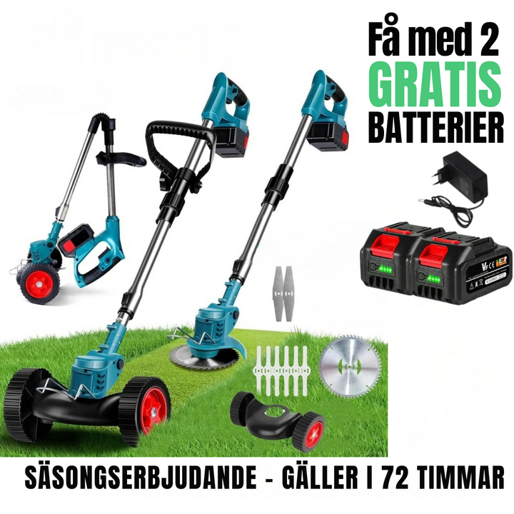 Trådlös &amp; Hopfällbar Grästrimmer 36V – Justerbar Höjd, Hjul &amp; 3 Bladtyper