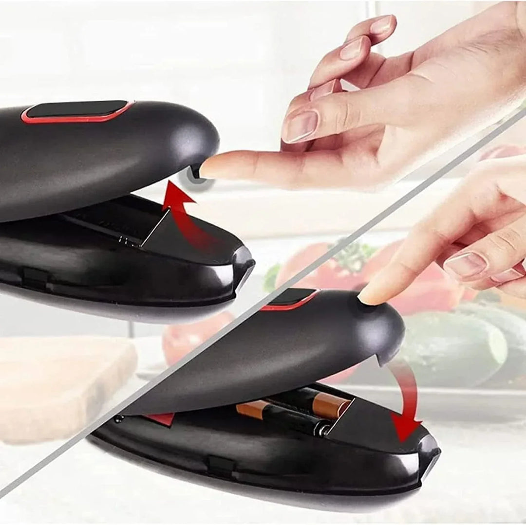Automatisk burköppnare med ergonomiskt handtag och en-knapps betjening
