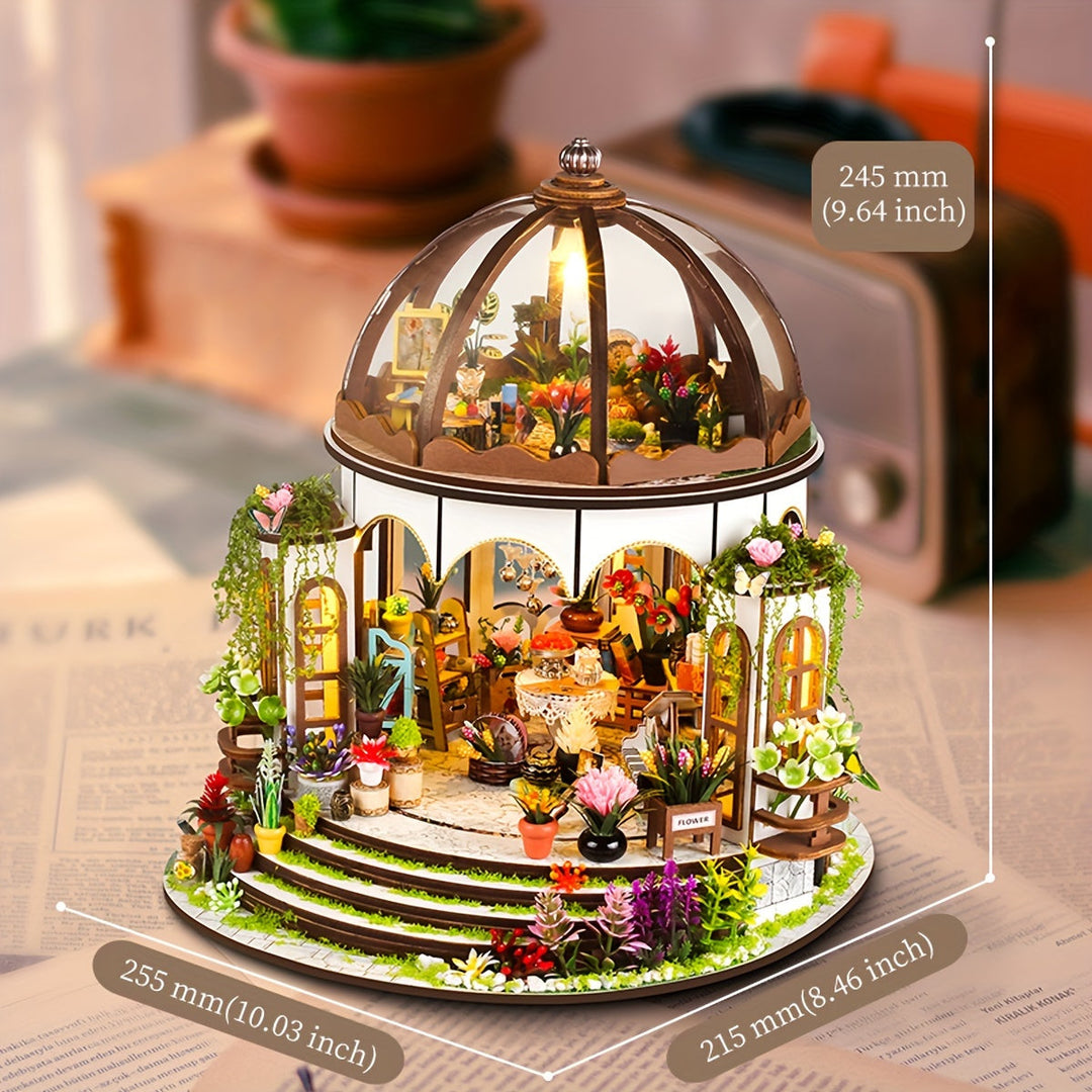 Miniatyr Blomhus – 3D Träpussel med LED-belysning och Detaljerad Trädgård