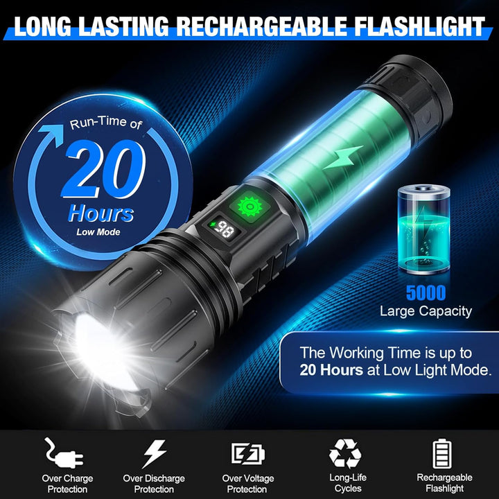 LuxRoyale 100,000 Lumen Taktisk Ficklampa – Laddningsbar LED-lampa med Power Bank, LCD-display och 3280 fot räckvidd