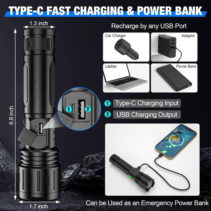 LuxRoyale 100,000 Lumen Taktisk Ficklampa – Laddningsbar LED-lampa med Power Bank, LCD-display och 3280 fot räckvidd