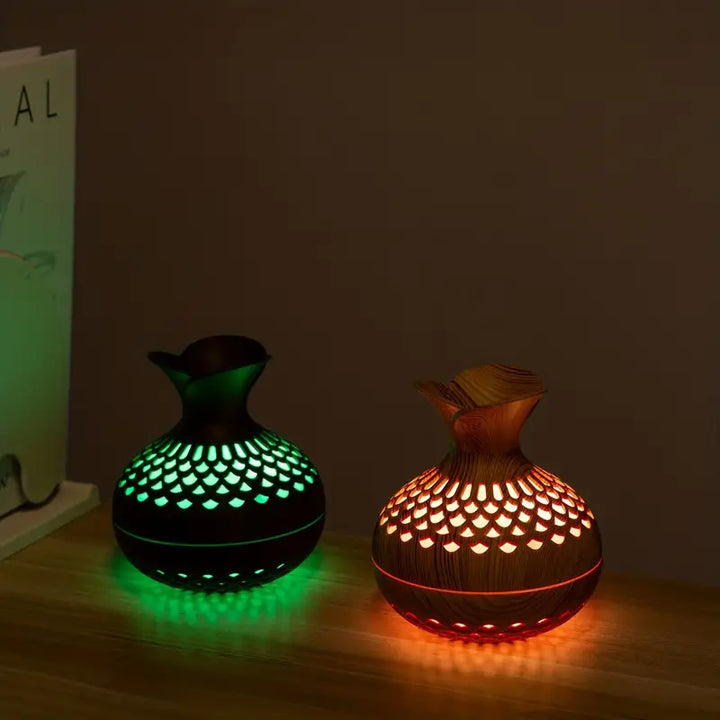 Aromaterapi-luftfuktare Med LED – Diffuser I Trälook &amp; Nattljus