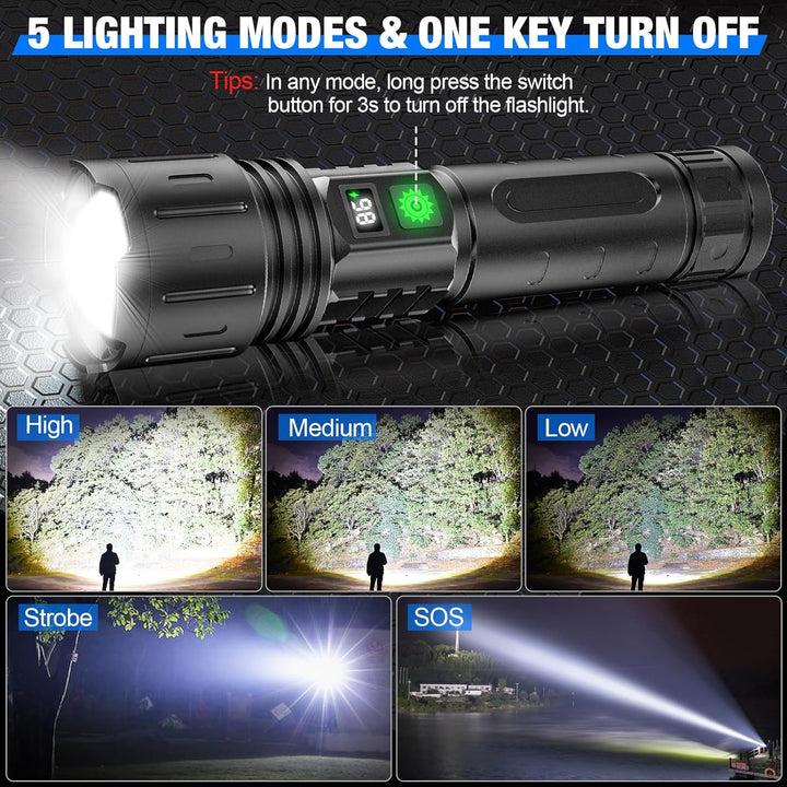 LuxRoyale 100,000 Lumen Taktisk Ficklampa – Laddningsbar LED-lampa med Power Bank, LCD-display och 3280 fot räckvidd