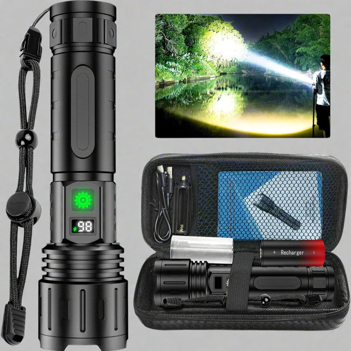 LuxRoyale 100,000 Lumen Taktisk Ficklampa – Laddningsbar LED-lampa med Power Bank, LCD-display och 3280 fot räckvidd