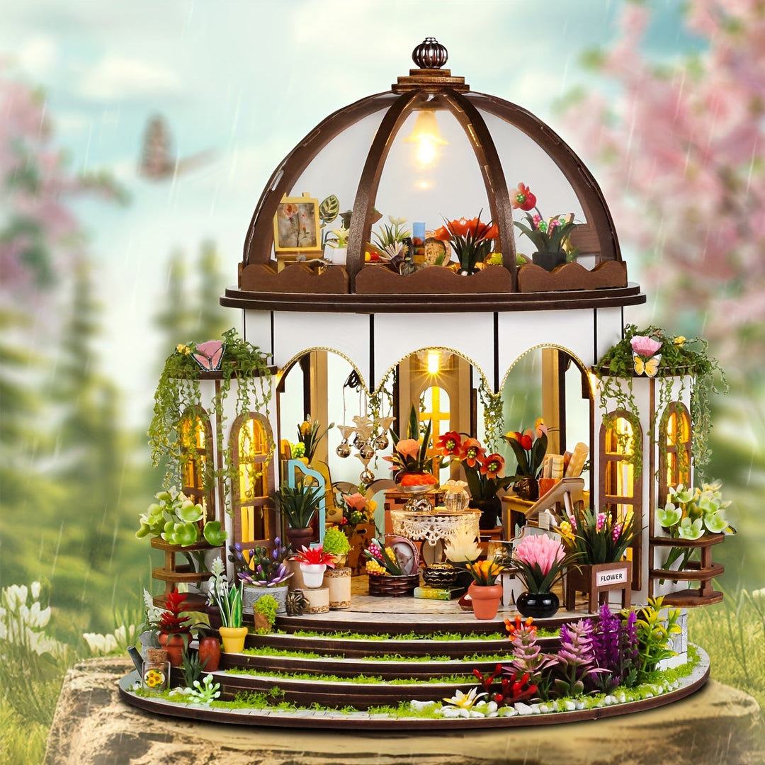 Miniatyr Blomhus – 3D Träpussel med LED-belysning och Detaljerad Trädgård