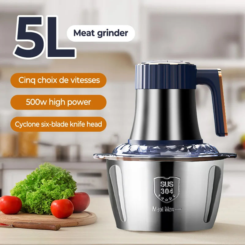 Elektrisk köttkvarn &amp; universalkrossare | 5 L kapacitet | 6 rostfria blad | 5 hastigheter | 500 W effekt