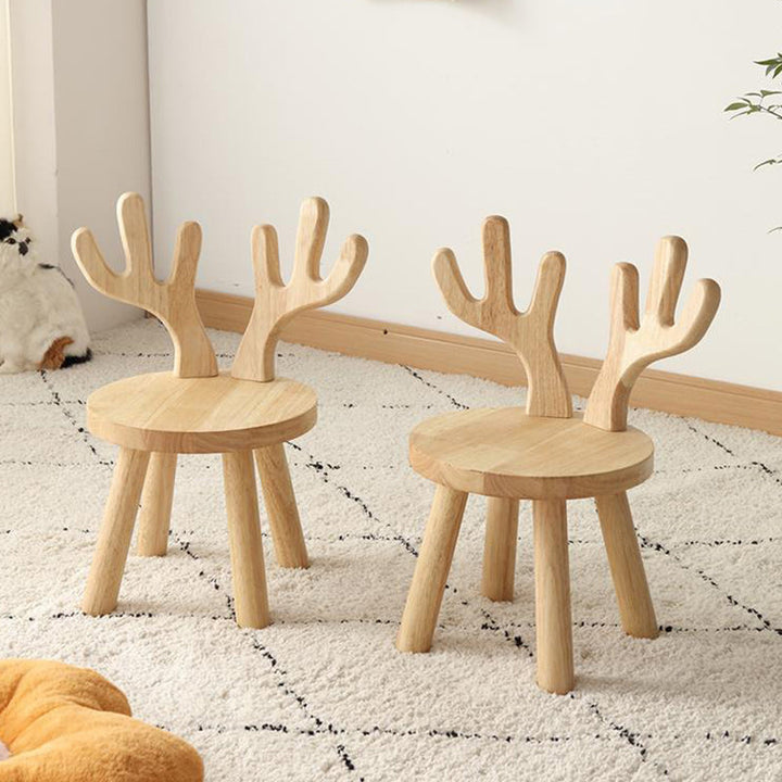 Kreativ barnpall i massivt trä med horn - Rund låg sits med ryggstöd för vardagsrum och entré