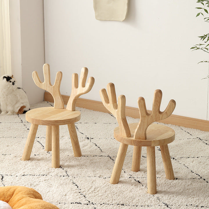 Kreativ barnpall i massivt trä med horn - Rund låg sits med ryggstöd för vardagsrum och entré
