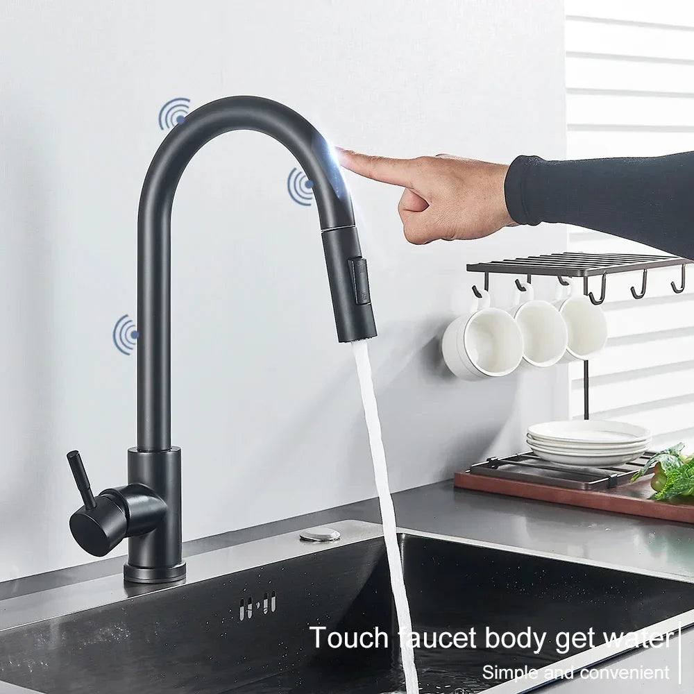 Royallure Touch-Sensor Utdragbar Kökspip – Handsfree Flöde, Svängbar Spruta &amp; Germ-Säker