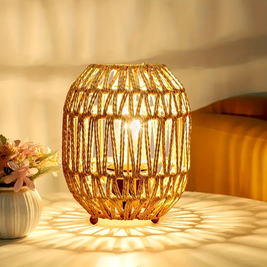 Bohemisk Rattan Bordslampa – Handgjord Ljus Accent för Sovrum eller Vardagsrum