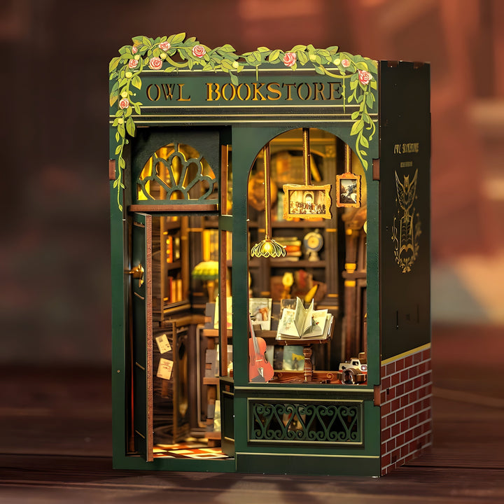 DIY Miniatyr Ugglebokhandel – 3D Träkit med Belysning för Kreativ Dekoration