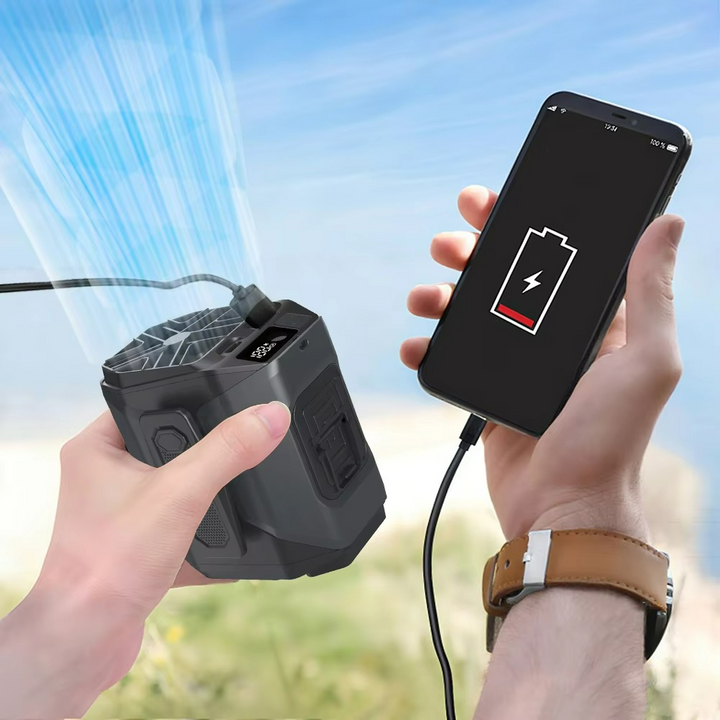 Bärbar midjefläkt – Handsfree-kylning med inbyggd powerbank och LED-ficklampa