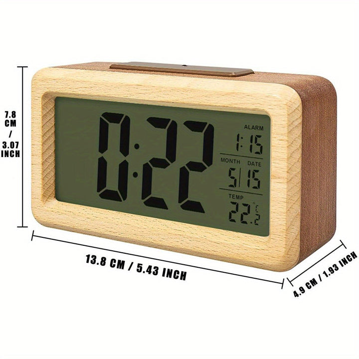 Trä Digital Väckarklocka – LED-display med Temperatur och Datum