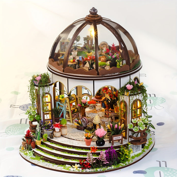 Miniatyr Blomhus – 3D Träpussel med LED-belysning och Detaljerad Trädgård