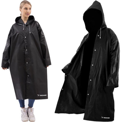 Lång Unisex Svart Regnjacka med Huva