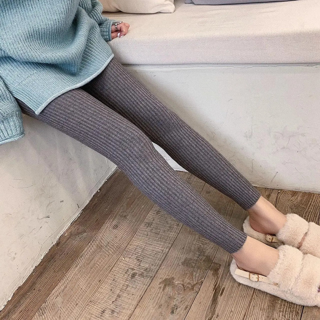 Stickade ribbade leggings med hög midja för kvinnor