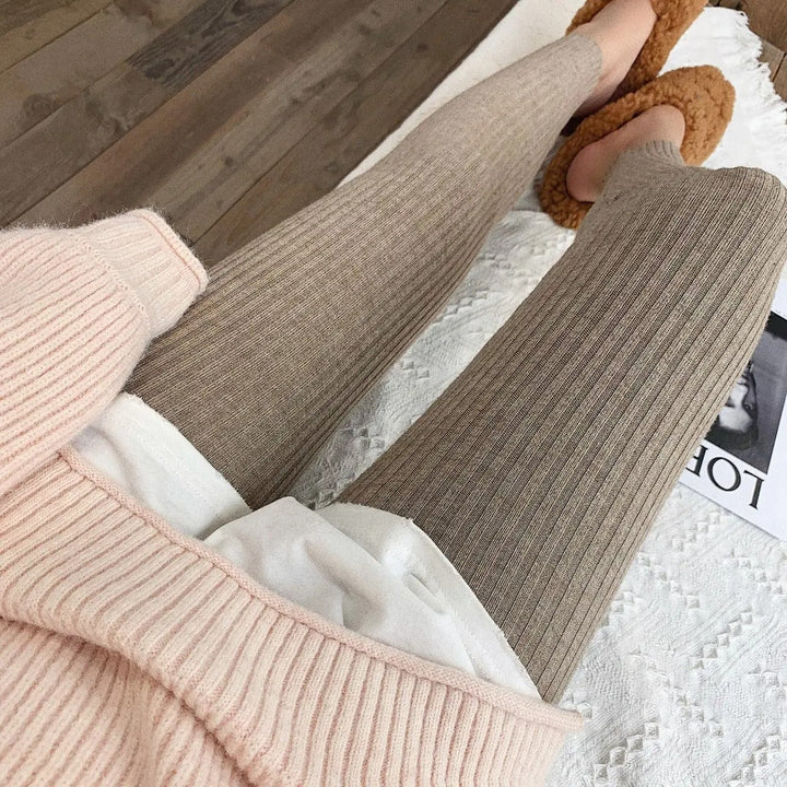 Stickade ribbade leggings med hög midja för kvinnor