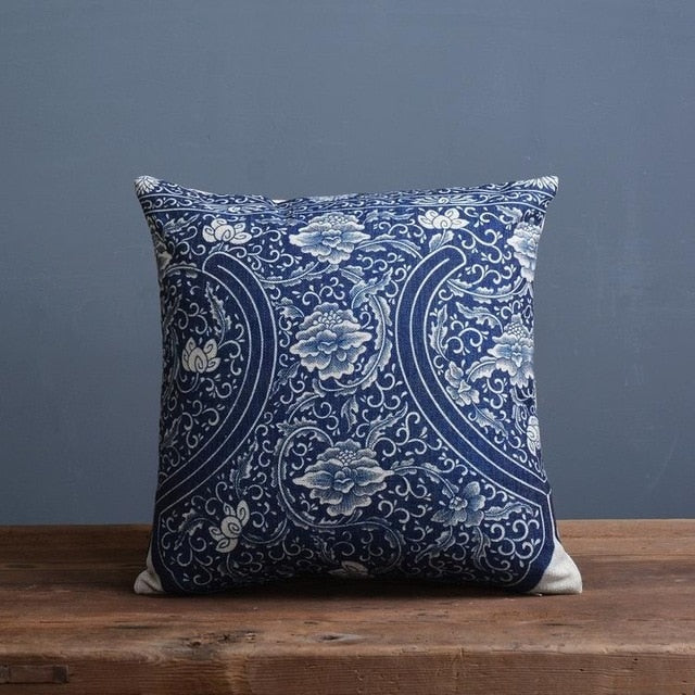 Carvallo Blue – Lyx Kuddöverdrag med Traditionellt Kinesiskt Porslinsmönster