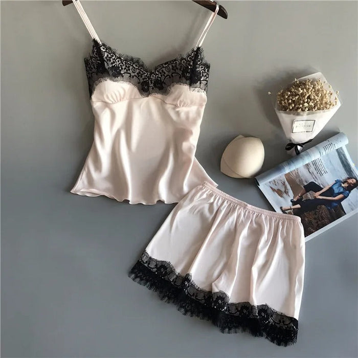 V-Neck Satin Sleepwear Set för kvinnor
